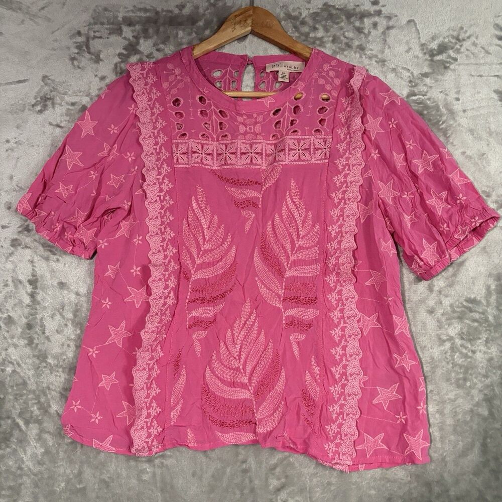 Philosophy Republic Clothing Pink Floral Lace Short Sleeve Top Size Large Boho